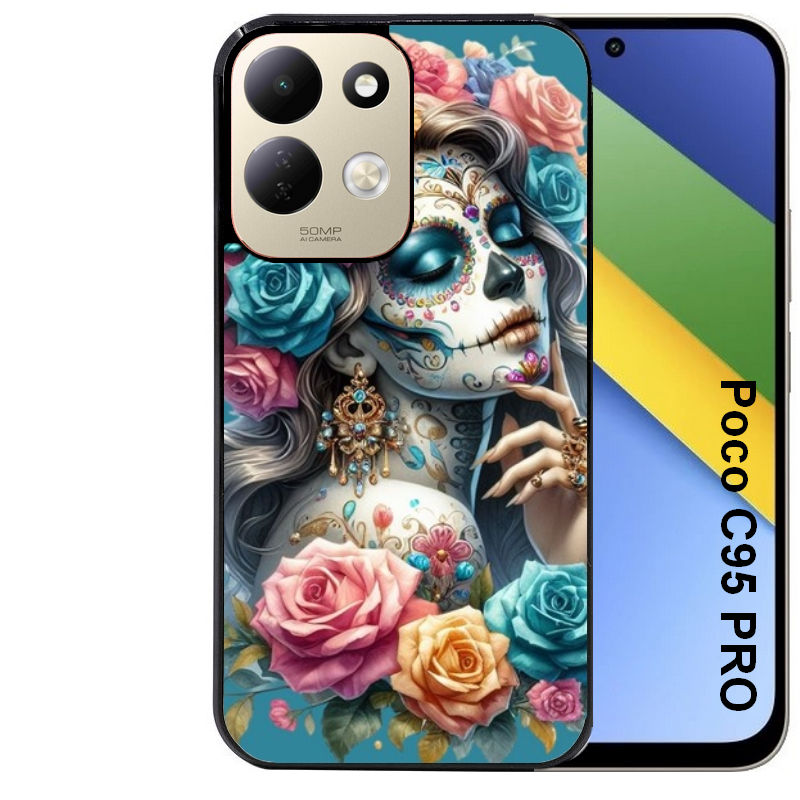 Coque pour POCO C95 PRO tete de mort calavera bleu