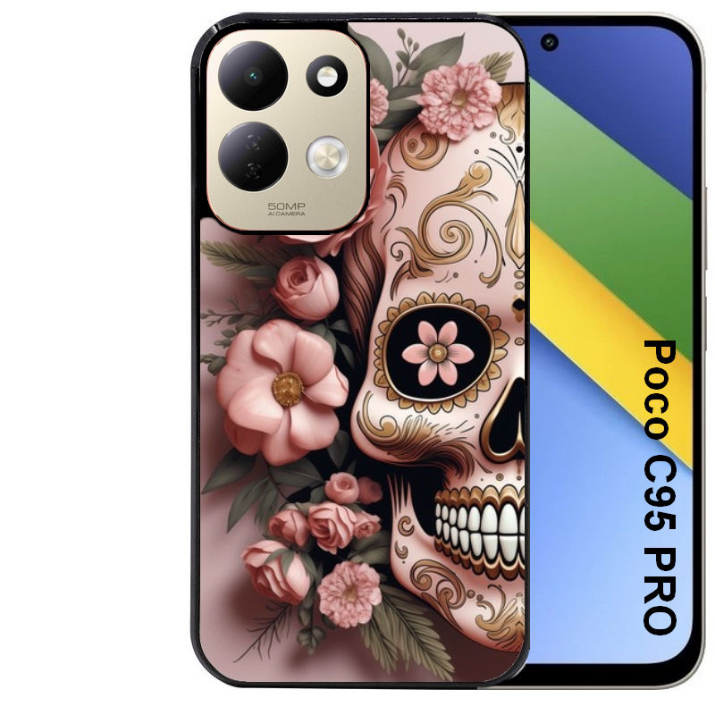 Coque pour POCO C95 PRO tete de mort calavera rose