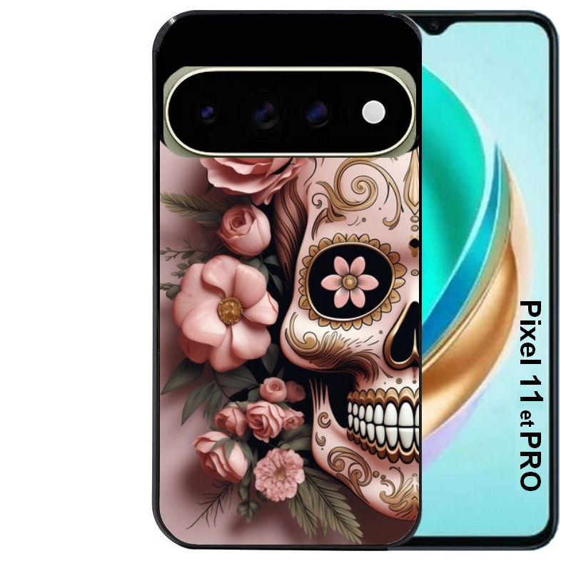 Coque pour Pixel 10 / 11 / PRO / XL tete de mort calavera rose