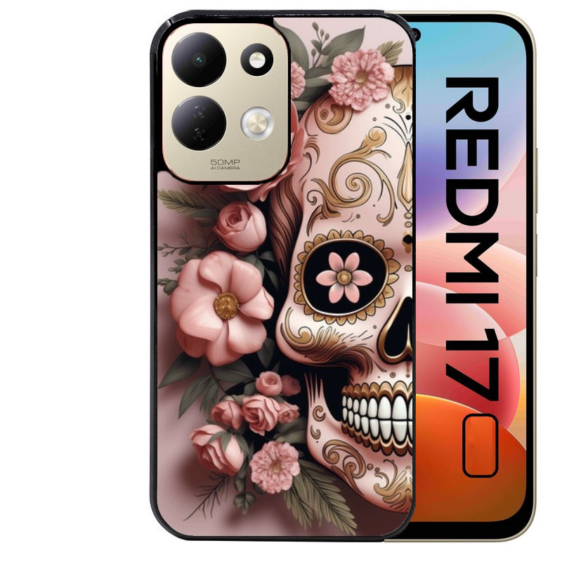 Coque pour Redmi 17 et 17C 4G 5G tete de mort calavera rose
