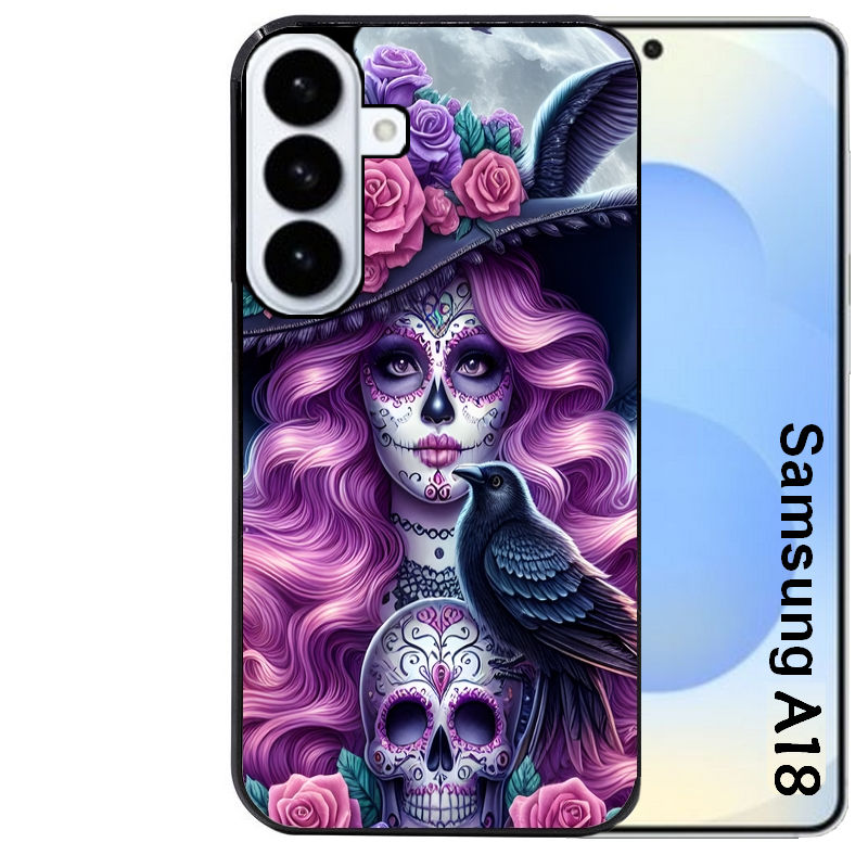 Coque pour Galaxy A08 A18 A28 A38 A58 tete de mort calavera et corbeau