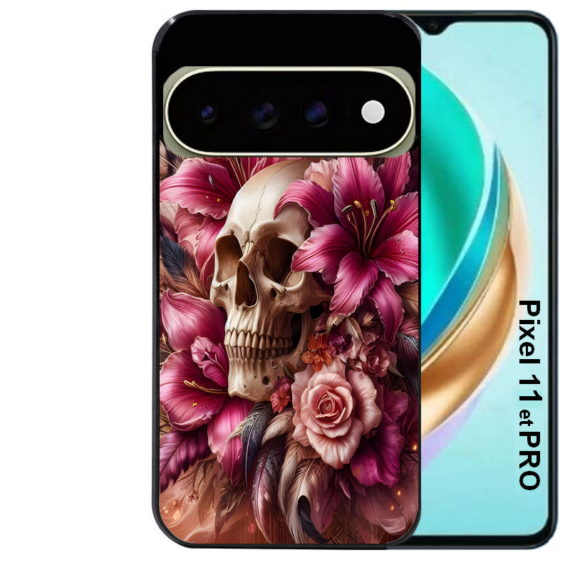 Coque pour Pixel 10 / 11 / PRO / XL tete de mort skull plume