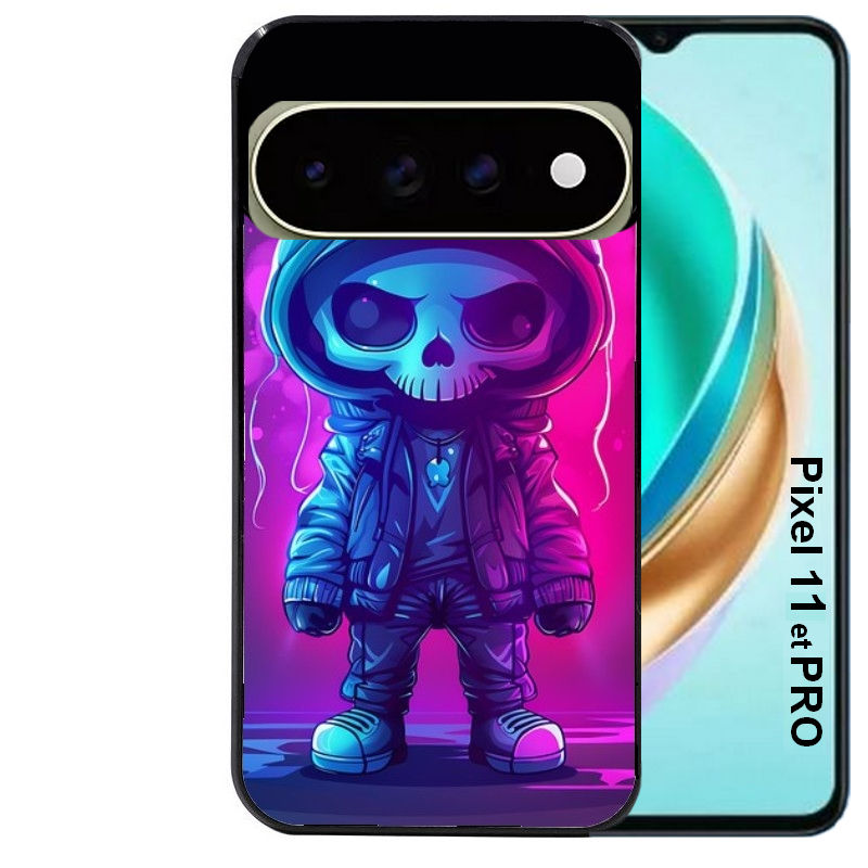 Coque pour Pixel 10 / 11 / PRO / XL tete de mort skull fluo