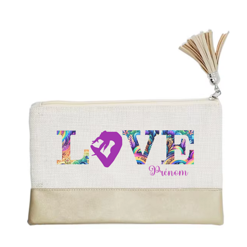 Pochette personnalisée de maquillage maniques Taperso argent avec motif gym love en toile et simili cuir personnalisée