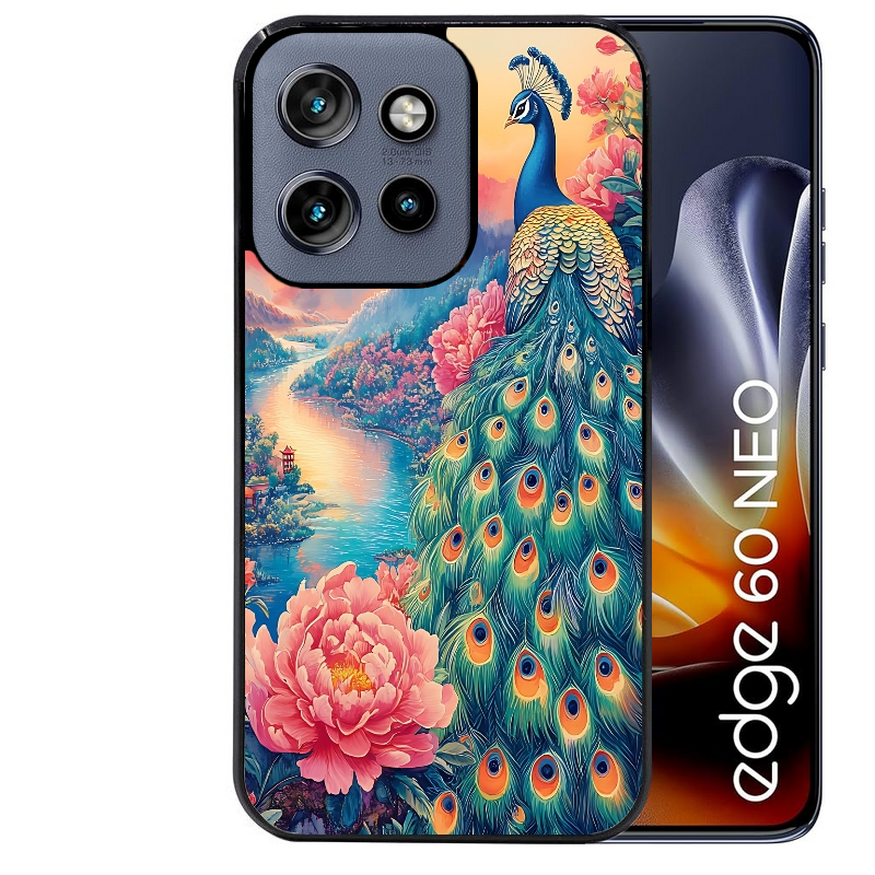 Coque noire taperso pour Moto Edge 60 et Neo Fusion Pro avec motif paon japan protection antichoc personnalisée