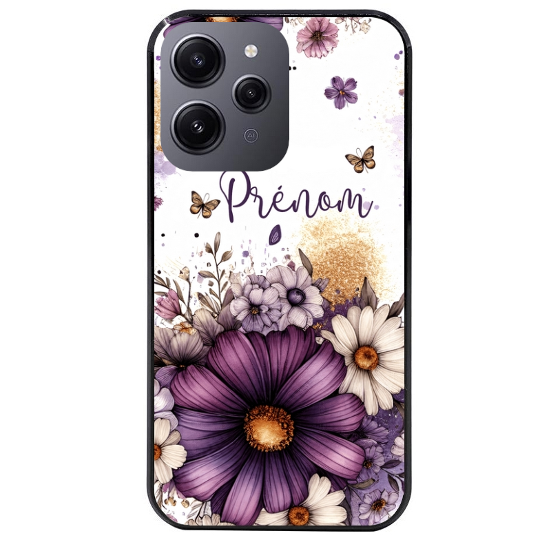 Coque noire taperso pour Redmi 12 4G et 5G avec motif fleur violette personnalisee protection antichoc personnalisée