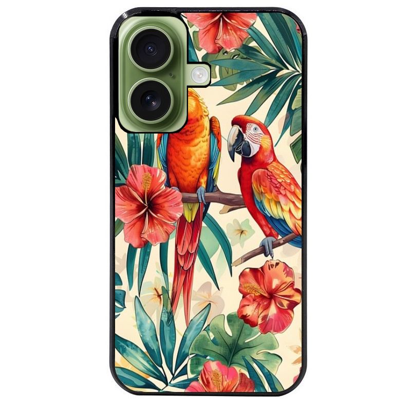 Coque noire taperso pour Iphone 16 16E PLUS MAX PRO avec motif perroquet et fleurs protection antichoc personnalisée