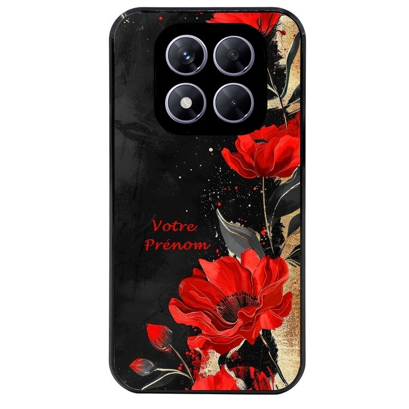 Coque noire taperso pour Redmi Note 14 et PRO PLUS 4G 5G avec motif fleur rouge avec prenom protection antichoc personnalisée