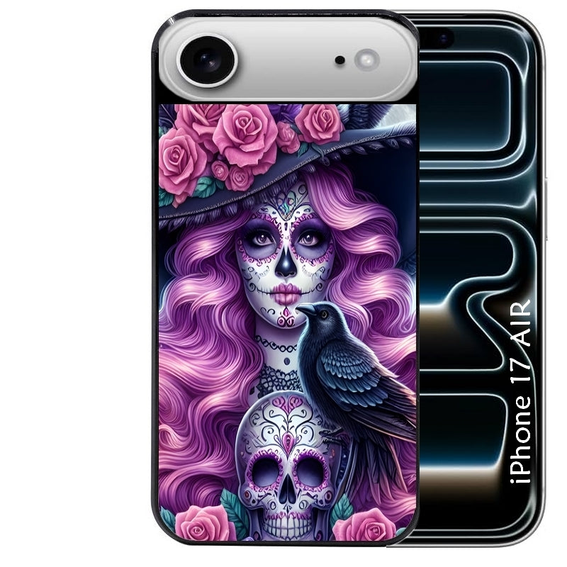 Coque noire taperso pour Iphone 17 17E AIR MAX PRO avec motif tete de mort calavera et corbeau protection antichoc personnalisée