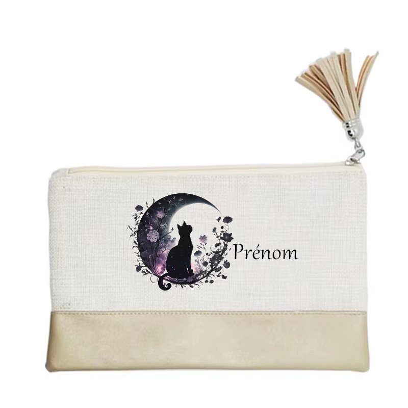 Pochette personnalisée motif chat lune en toile et simili cuir personnalisée