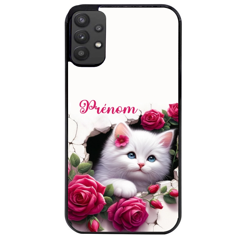 Coque noire taperso pour galaxy A22 A32 A52 A52S 4G 5G  avec motif chat fleurs personnalisee protection antichoc personnalisée