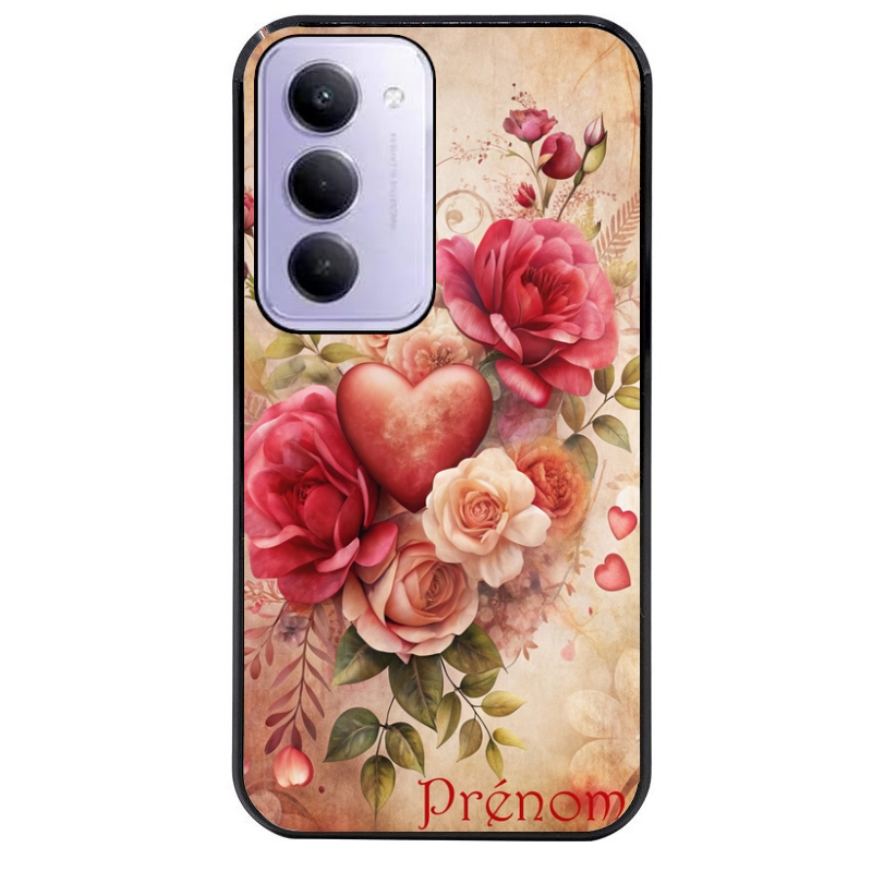 Coque noire taperso pour Redmi 15 4G et 5G avec motif coeur et fleur personnalisee protection antichoc personnalisée
