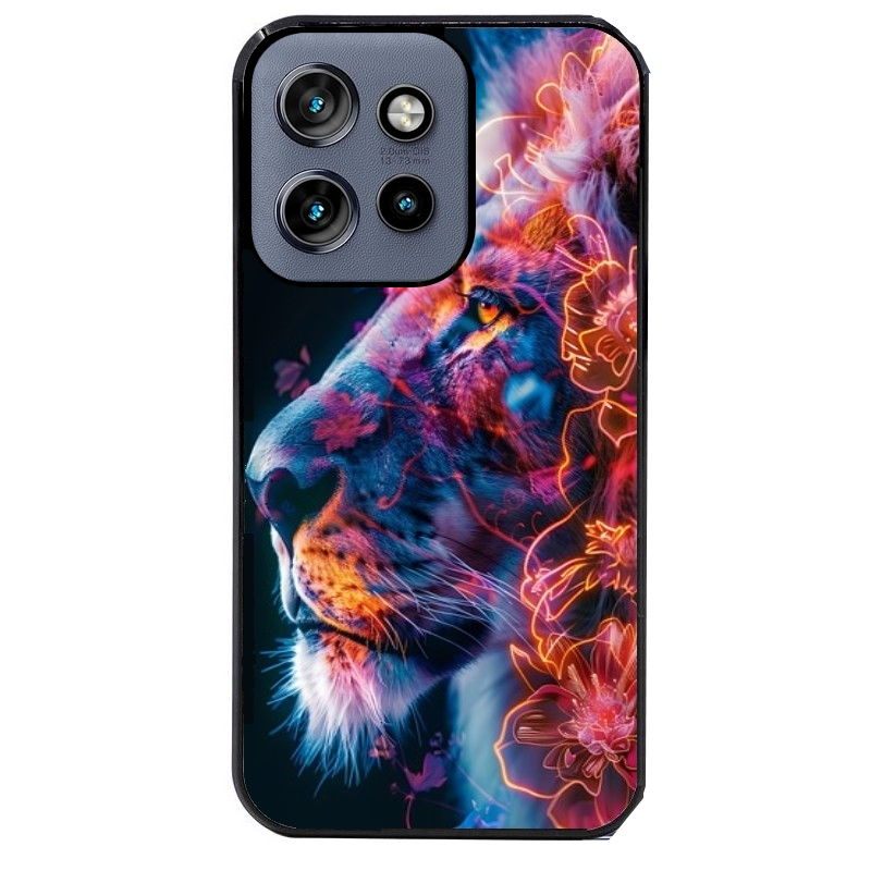 Coque noire taperso pour Moto Edge 60 et Neo Fusion Pro avec motif lion fluo protection antichoc personnalisée