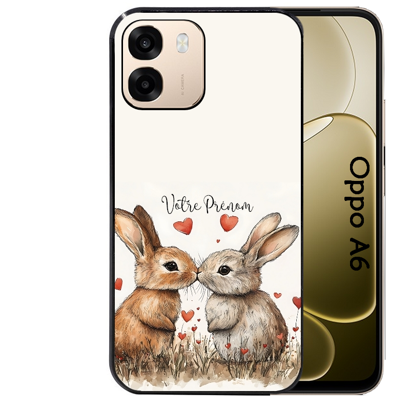 Coque noire taperso pour OPPO A6 A6X 4G et 5G avec motif lapin coeur avec prenom protection antichoc personnalisée