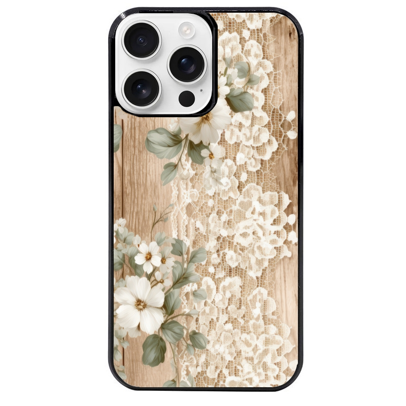 Coque noire taperso pour Iphone 16 16E PLUS MAX PRO avec motif bois et dentelle 1 protection antichoc personnalisée