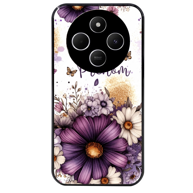 Coque noire taperso pour POCO C75 avec motif fleur violette personnalisee protection antichoc personnalisée