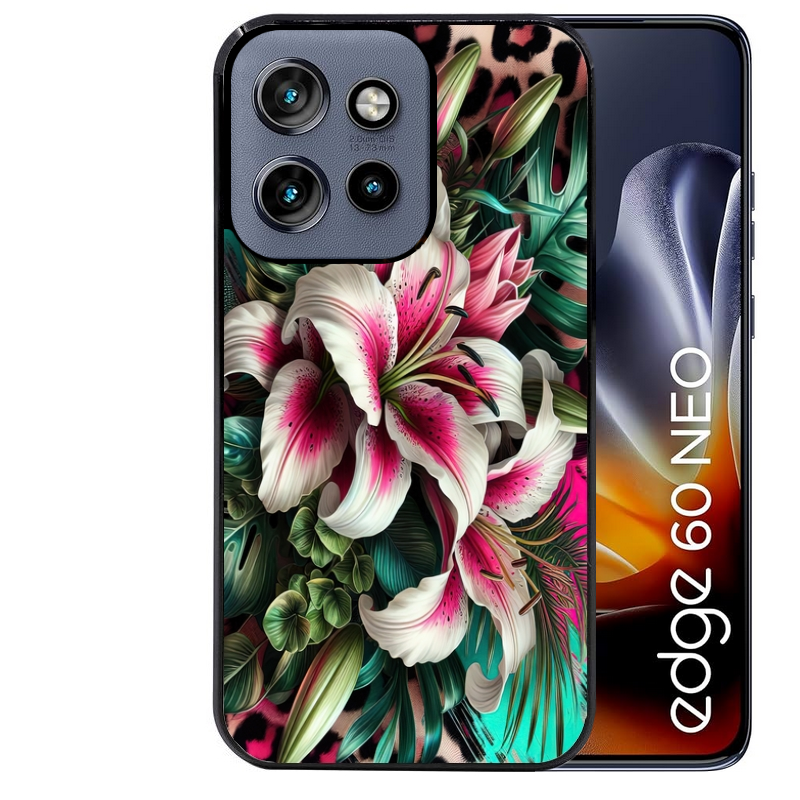 Coque noire taperso pour Moto Edge 60 et Neo Fusion Pro avec motif leopard hibiscus protection antichoc personnalisée