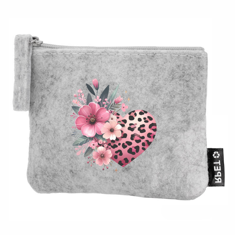 Porte monnaie personnalisé coeur leopard en feutrine en feutrine