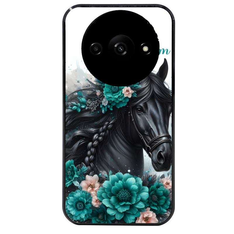Coque noire taperso pour Redmi A3 avec motif cheval et fleurs personnalisee protection antichoc personnalisée