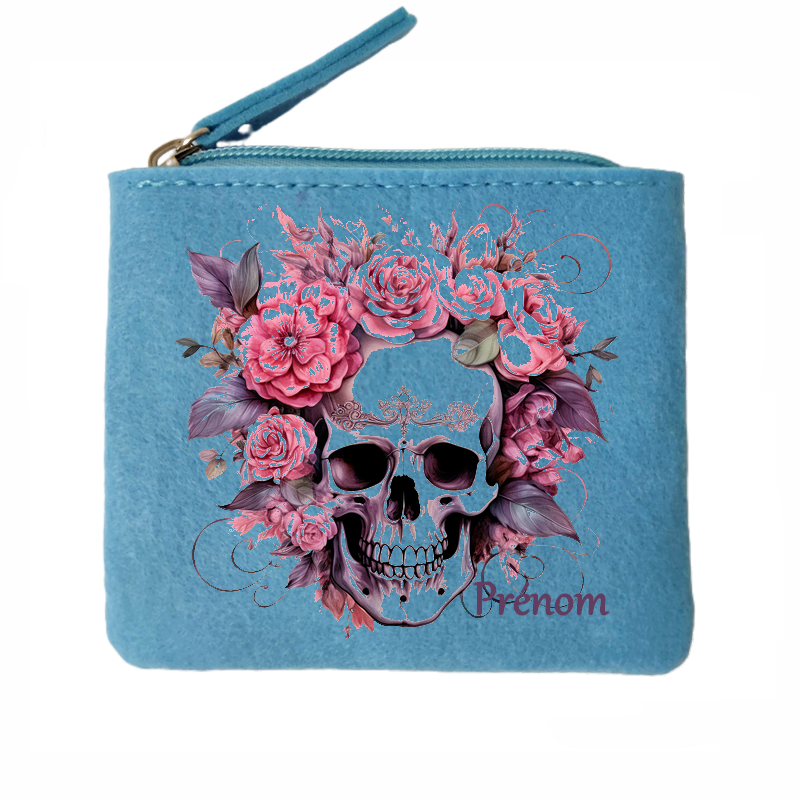 Porte monnaie personnalisé tete de mort floral en feutrine en feutrine