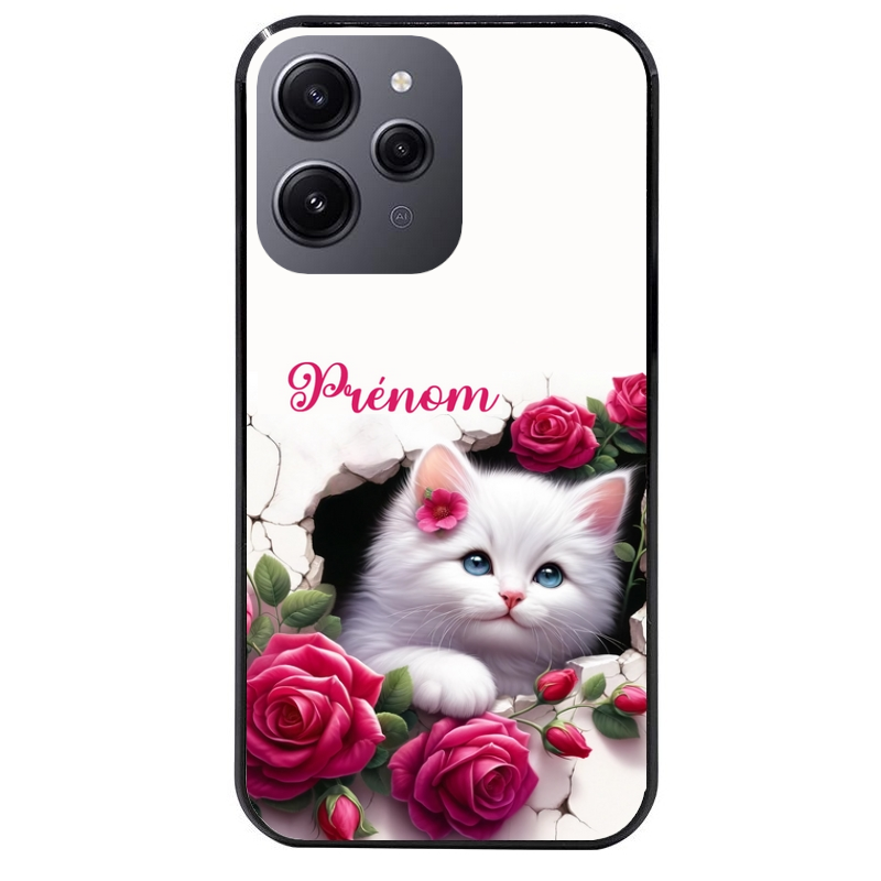 Coque noire taperso pour Redmi 12 4G et 5G avec motif chat fleurs personnalisee protection antichoc personnalisée