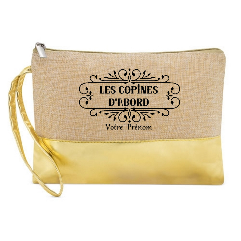 Pochette personnalisée copines d'abord  en jute et doré en jute et doré