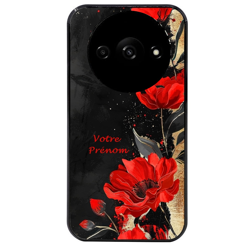 Coque noire taperso pour Redmi A3 avec motif fleur rouge avec prenom protection antichoc personnalisée