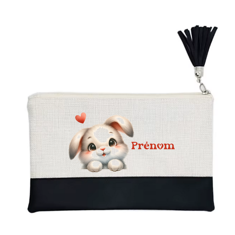 Pochette personnalisée motif lapin cœur en toile et simili cuir personnalisée