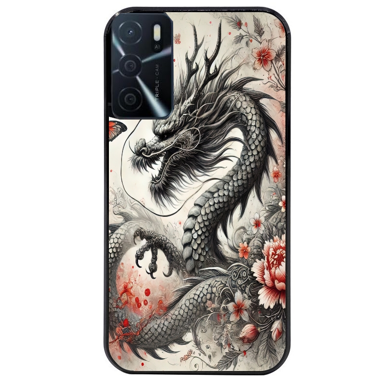 Coque noire taperso pour OPPO A16 et A16S avec motif dragon japan protection antichoc personnalisée