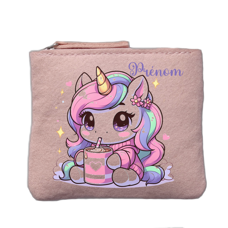 Porte monnaie personnalisé motif licorne kawaii rose clair en feutrine en feutrine