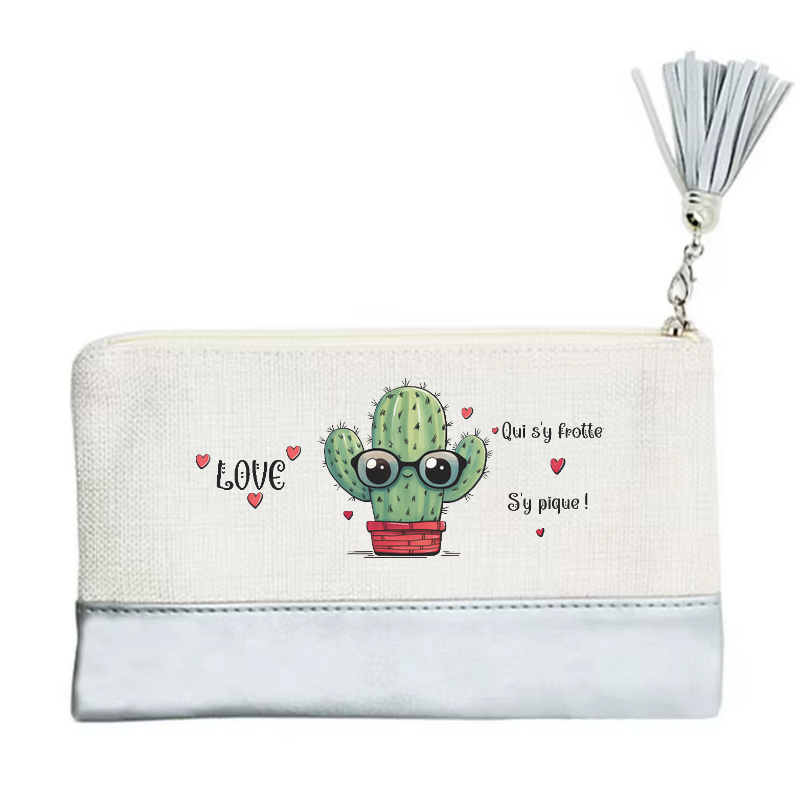 Pochette motif cactus love en toile et simili cuir