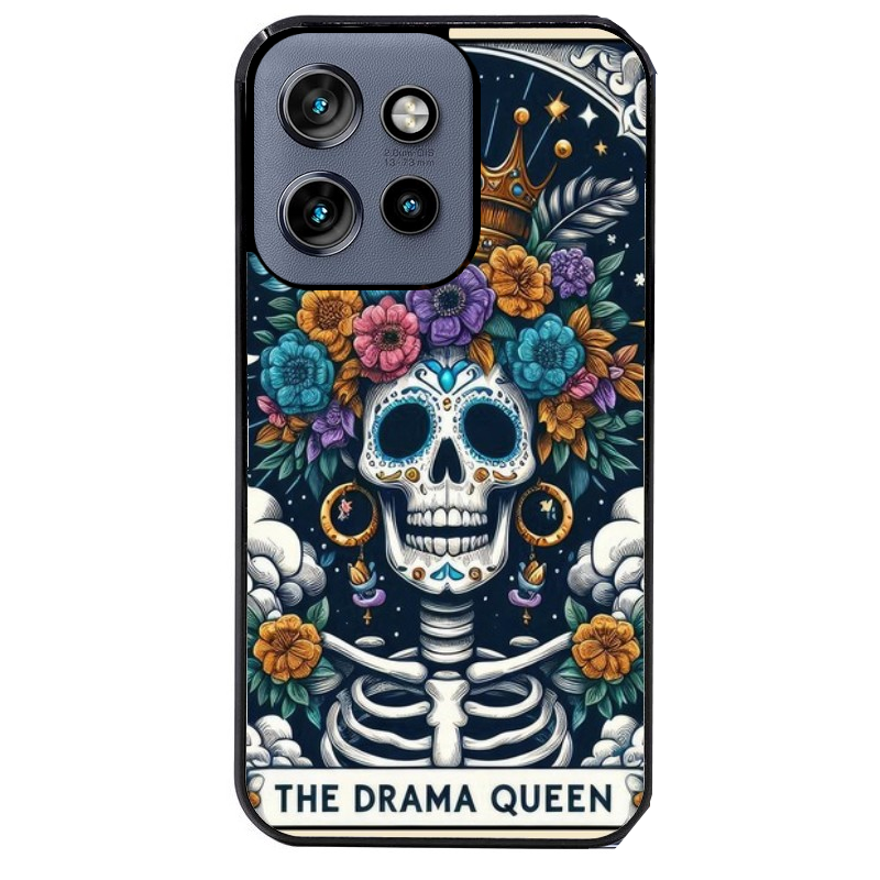 Coque noire taperso pour Moto Edge 60 et Neo Fusion Pro avec motif tete de mort drama queen protection antichoc personnalisée