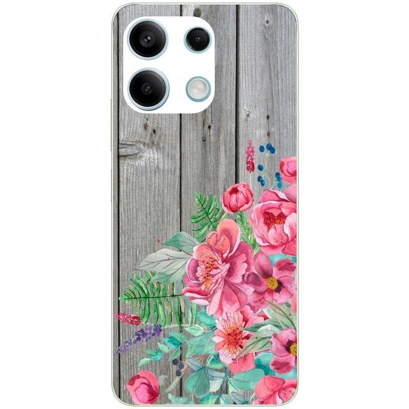 Coque taperso pour POCO M6 PRO 4G avec motif bois gris et fleur rose protection antichoc personnalisée