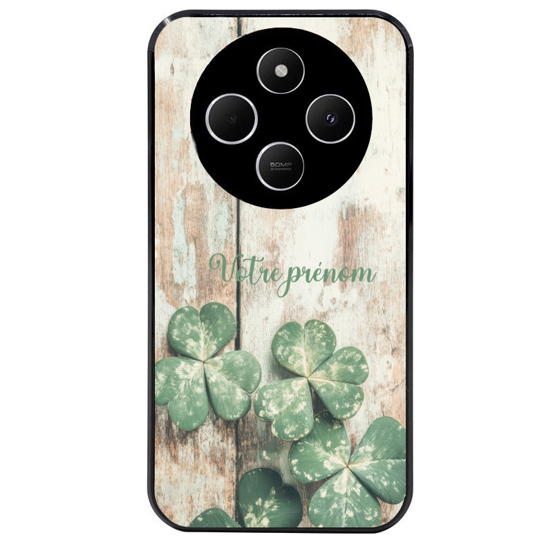 Coque noire taperso pour POCO C75 avec motif bois et trefle personnalisee protection antichoc personnalisée