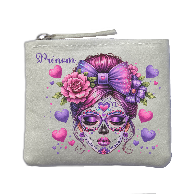 Porte monnaie personnalisé tete de mort coeur ivoire en feutrine en feutrine ivoire