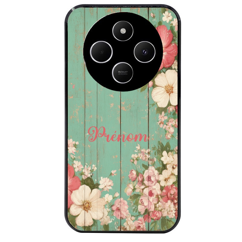 Coque noire taperso pour POCO C75 avec motif bois et fleur avec votre prenom protection antichoc personnalisée