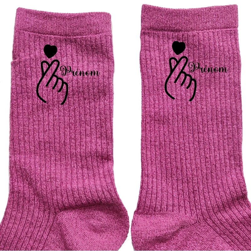 Chaussettes personnalisées paillettes rose motif coeur anime