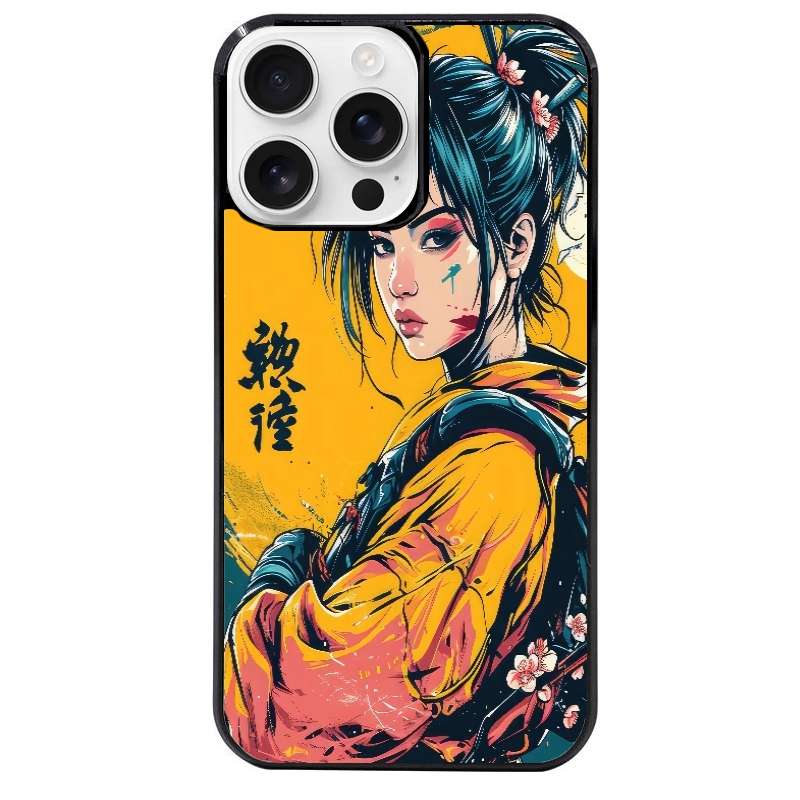 Coque noire taperso pour Iphone 16 16E PLUS MAX PRO avec motif samourai girl anime protection antichoc personnalisée