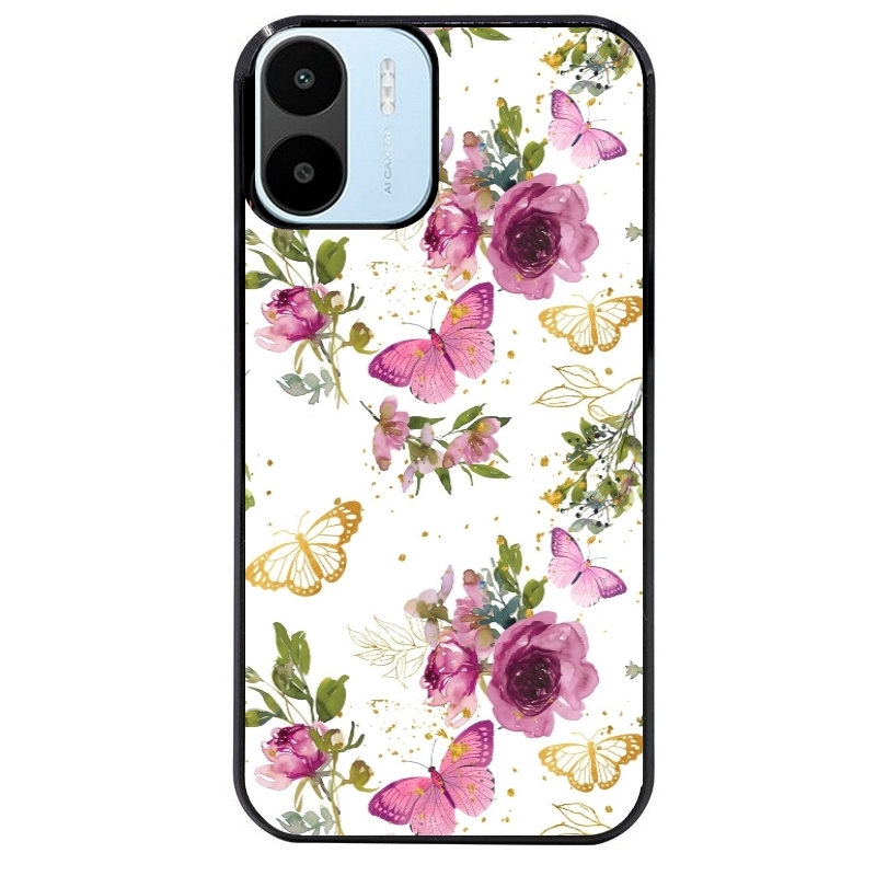 Coque noire taperso pour Redmi A1 et A2 avec motif fleur et papillon protection antichoc personnalisée