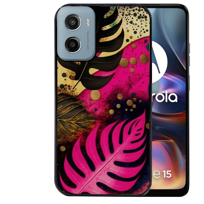 Coque noire taperso pour Moto E13 E14 E15 avec motif tropical rose et des fleurs protection antichoc personnalisée