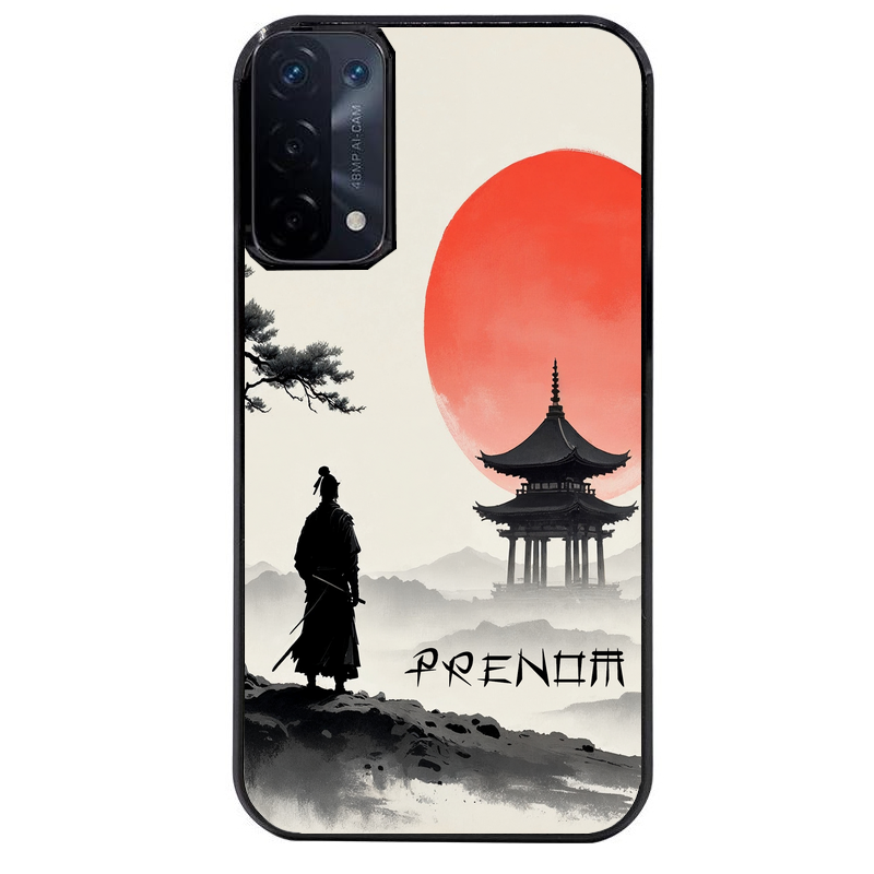 Coque noire taperso pour OPPO A54 et A74 5G avec motif samourai et temple personnalisee protection antichoc personnalisée