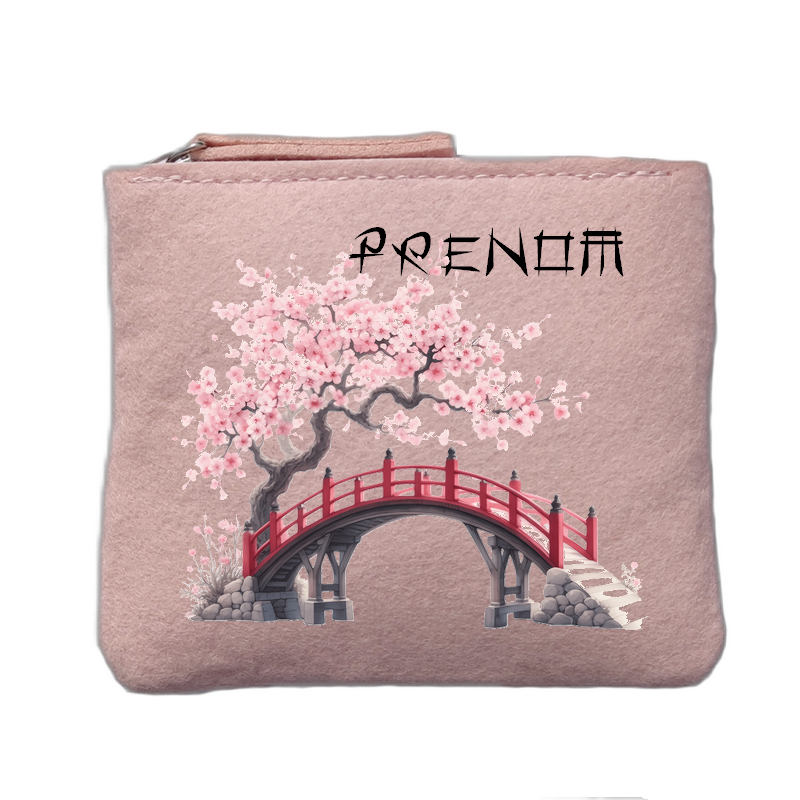 Porte monnaie personnalisé motif japan cerisier rose clair en feutrine en feutrine