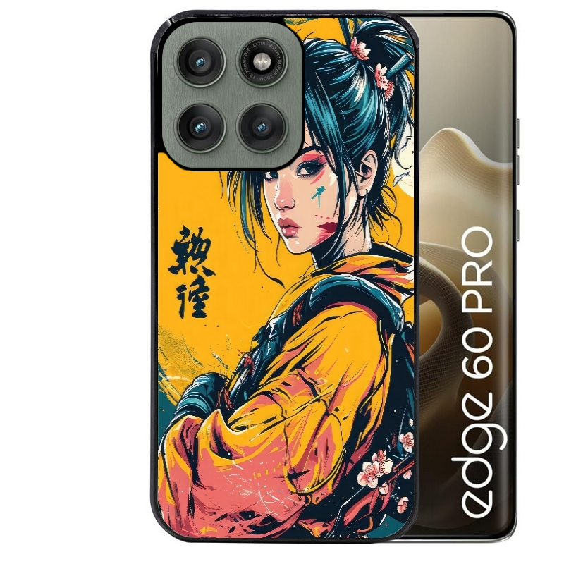 Coque noire taperso pour Moto Edge 60 et Neo Fusion Pro avec motif samourai girl anime protection antichoc personnalisée