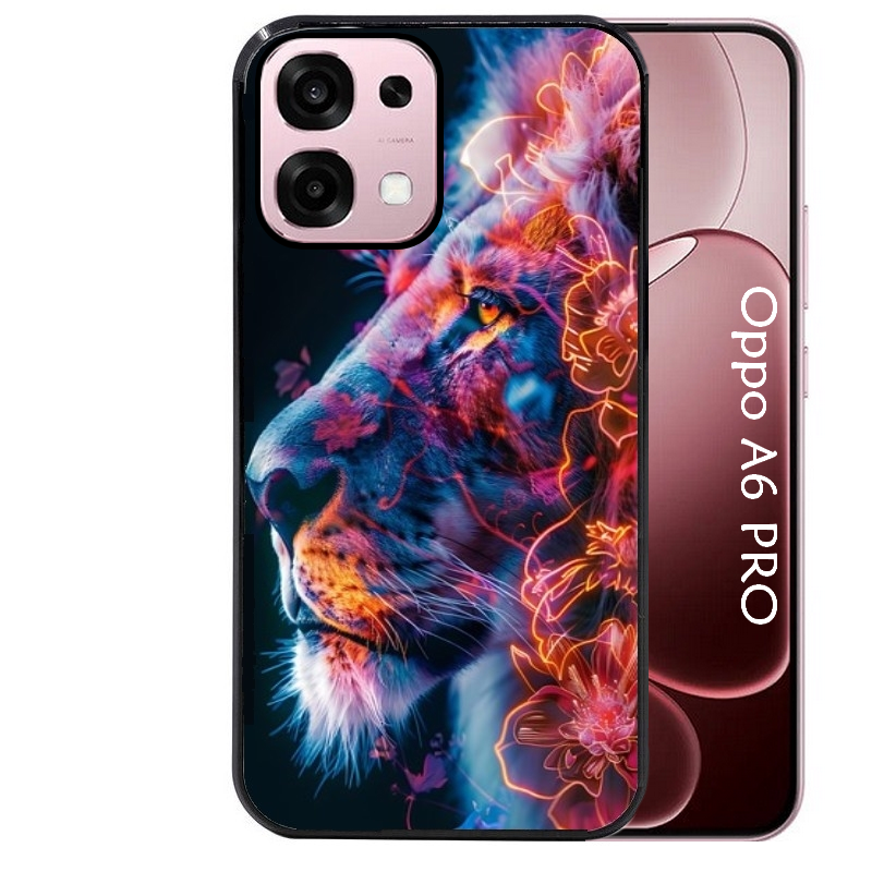 Coque noire taperso pour OPPO A6 PRO 4G et 5G avec motif lion fluo protection antichoc personnalisée