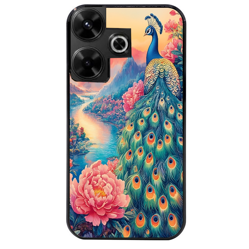 Coque noire taperso pour POCO M6 4G avec motif paon japan protection antichoc personnalisée