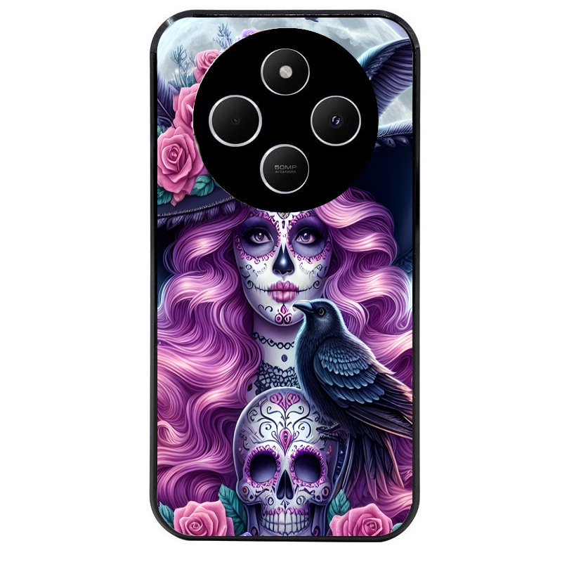 Coque noire taperso pour POCO C75 avec motif tete de mort calavera et corbeau protection antichoc personnalisée
