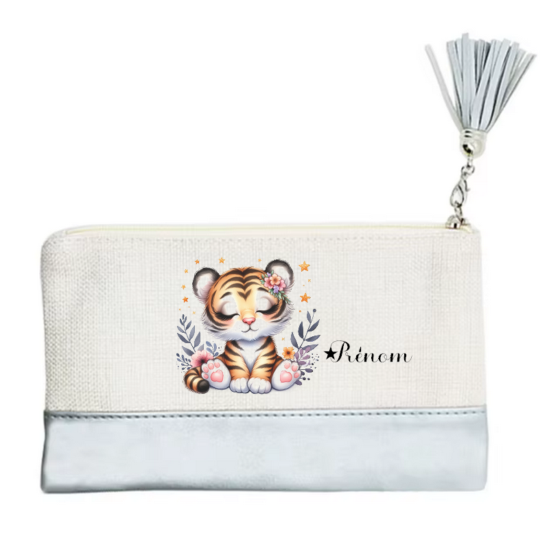 Pochette personnalisée motif tigre et fleur en toile et simili cuir personnalisée