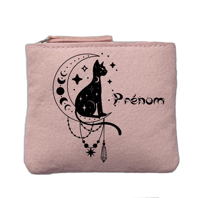 Porte monnaie personnalisé motif chat etoile rose clair en feutrine en feutrine