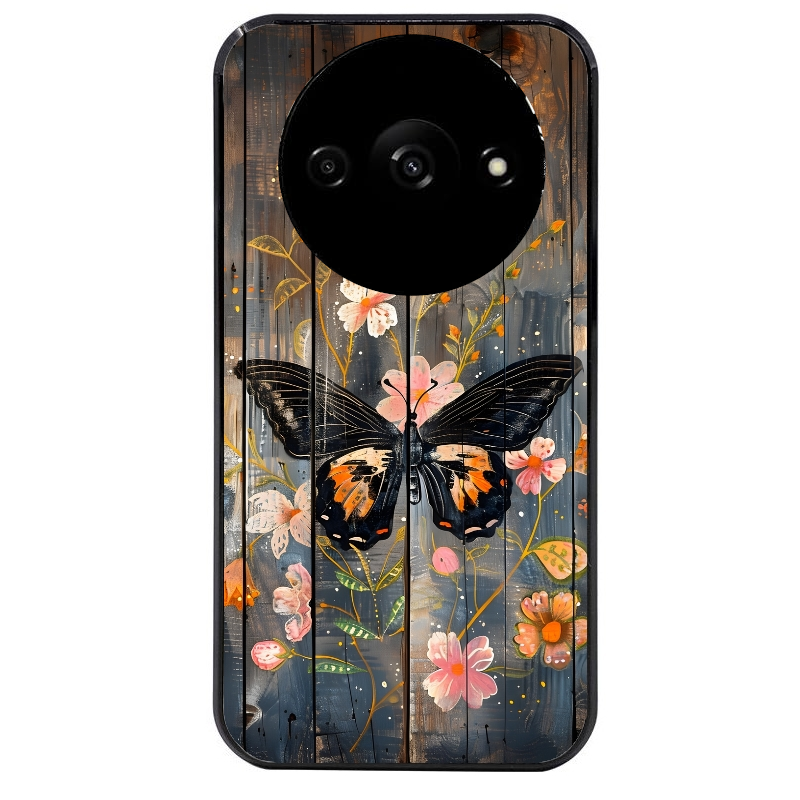 Coque noire taperso pour Redmi A3 avec motif bois et papillon 2 protection antichoc personnalisée