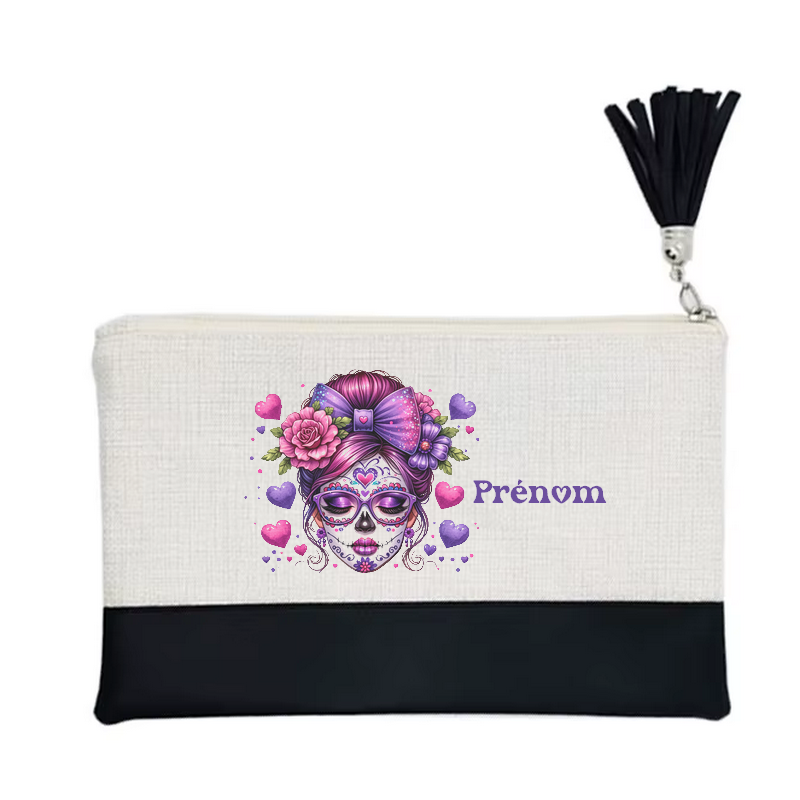 Pochette personnalisée motif tete de mort cœur en toile et simili cuir personnalisée
